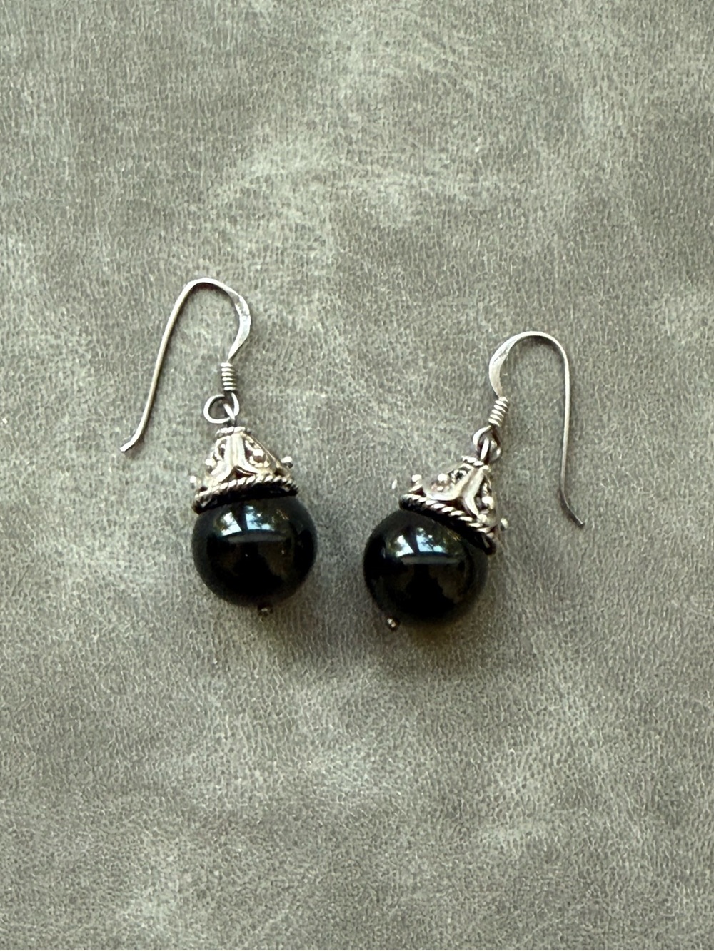 Vintage Black Bead Drop Earrings with Silver Accents